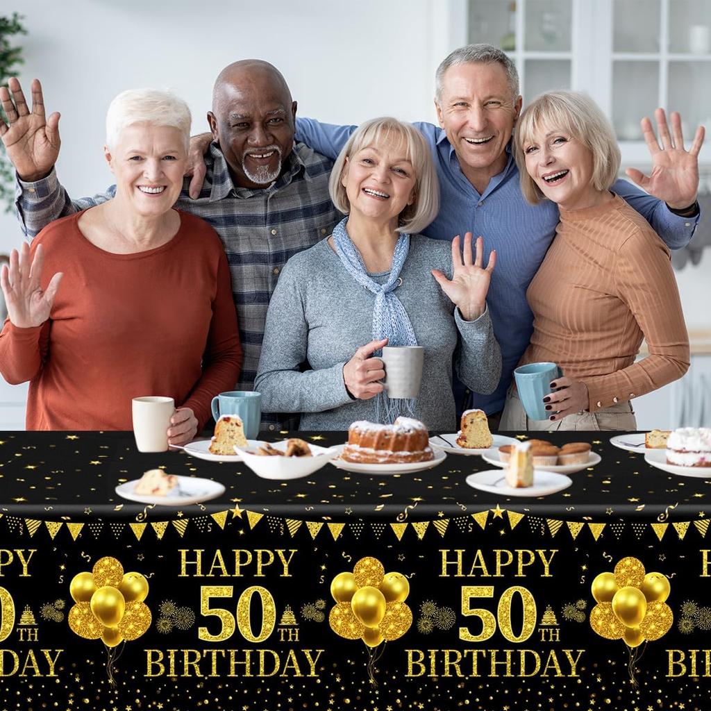 3 Pack Black Gold 50th Birthday Tablecloth, Rectangular Plastic Table Cover, 42.5x70.8 Inches, Happy 50 Birthday Decoration for Party Supplies