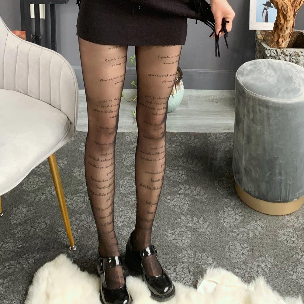 Женские чулки с принтом, вечерние готические колготки с надписями, нейлоновые тонкие колготки с татуировкой, офисное сексуальное женское белье в стиле Лолиты