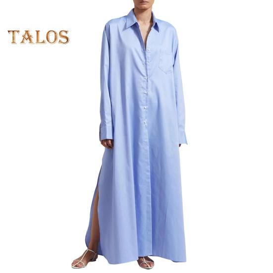 Women Shirt Dress Lapel Long Sleeve Side Slit Design Casual Shirt Solid Color Buttons Closure Maxi Dress Daily Wear