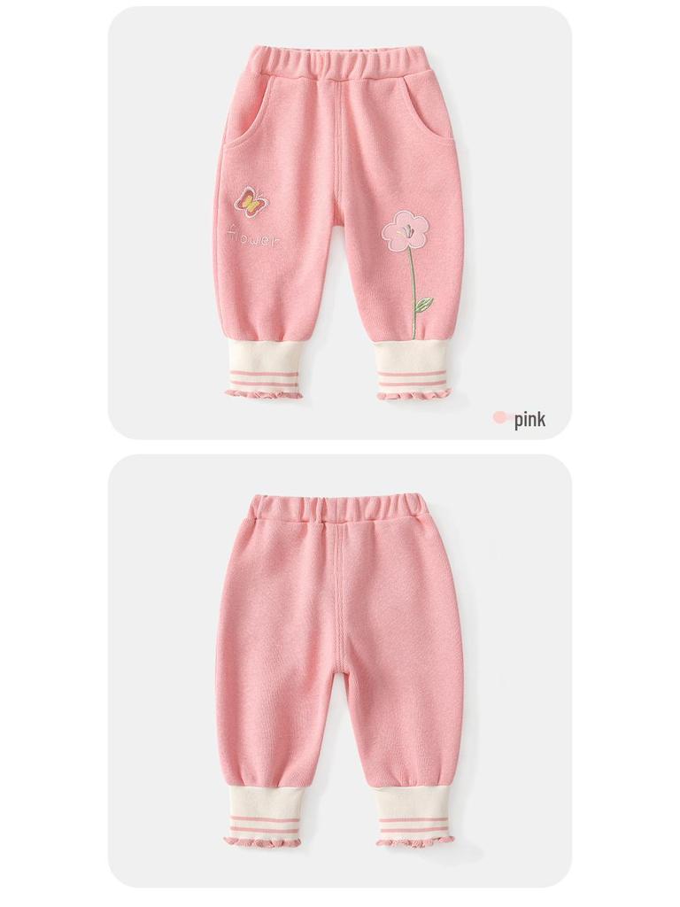 2025 Autumn Pink Floral Girls' Long Sleeve Sweatshirt & Joggers Two-Piece Set