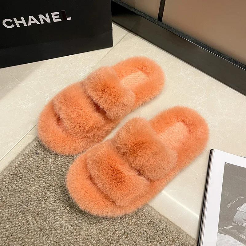 Women Fur Warm Winter Furry Fur Shoes Fluffy Plush Slippers Home House Indoor Shoes Bedroom Slippers Female Ladies Round Toe