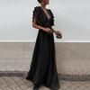 Women Evening Dress Low-cut V Neck Flying Sleeves Layered Ruffled Pleated High Waist Solid Color Floor Length Prom Cocktail Party Maxi Dress