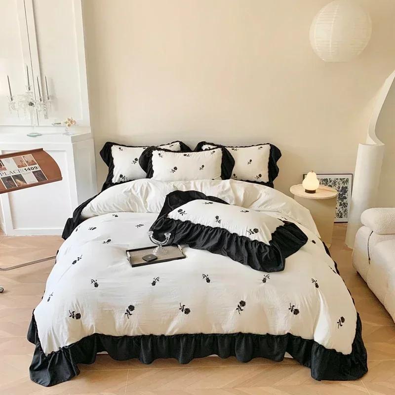 3/4PCS Rose Embroidered Duvet Cover Set (1*Duvet Cover + 2*Pillowcase, Without Core), Princess Style Lace Bedding Sheet Sets