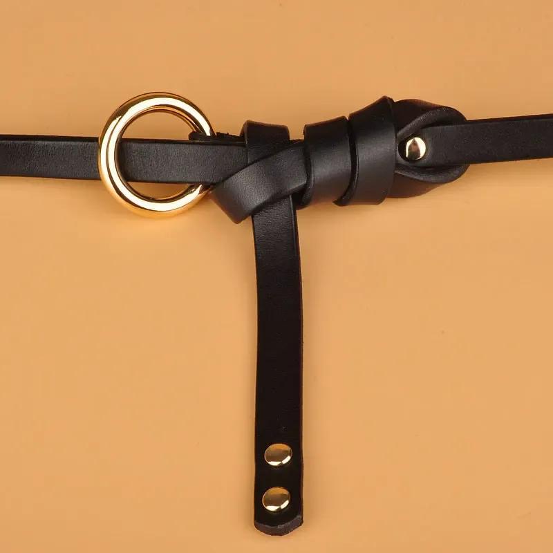 1CM No Hole Knot Women Belt Circular Buckle Cowskin Real Genuine Leather Belt Decoration Thin Strap Female Belts Cummerbunds