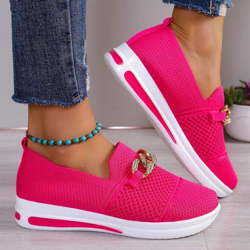 Fashion Women Pink Casual Shoes Breathable Mesh Shoes Woman Lightweight Chain Shallow Ladies Wedge Heels Shoes Spring Autumn Loafers