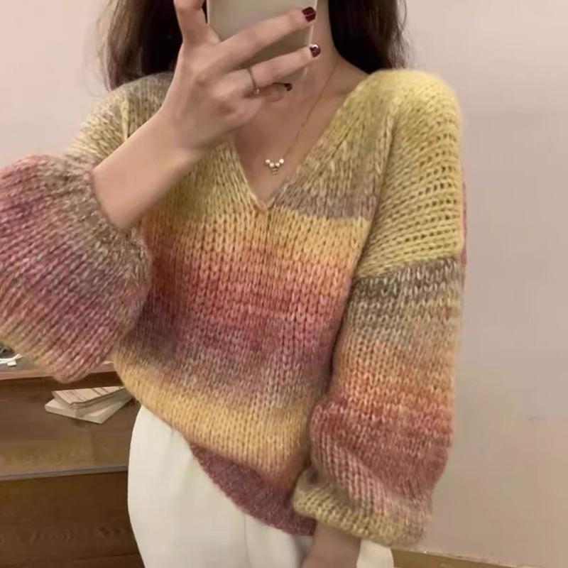 Осенний новый длинный рукав V-образный вырез свободный вязаный свитер для женщин зимний градиент радуга повседневные пуловеры свитера женские модные облегающие джемперы 25473