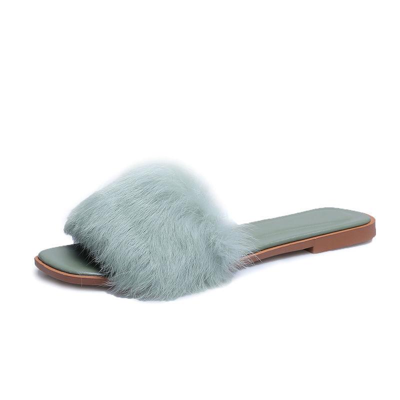 Fashion Bedroom Slides Shoes for Women 2024 Fuzzy Low Heel Summer Soft House Furry Sandals Woman Slippers Green Home Luxury On Promotion