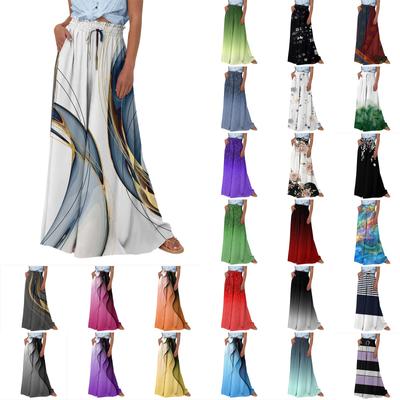 Женские широкие брюки с высокой талией, летние повседневные струящиеся брюки-палаццо, пляжные брюки с принтом и карманом