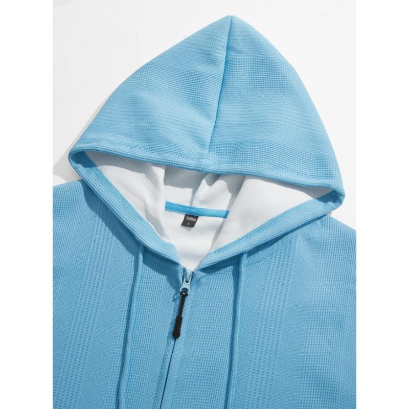 Men S Hooded Waffle Knit Zip Up Cardigan Sweatshirt Loose Fit Casual