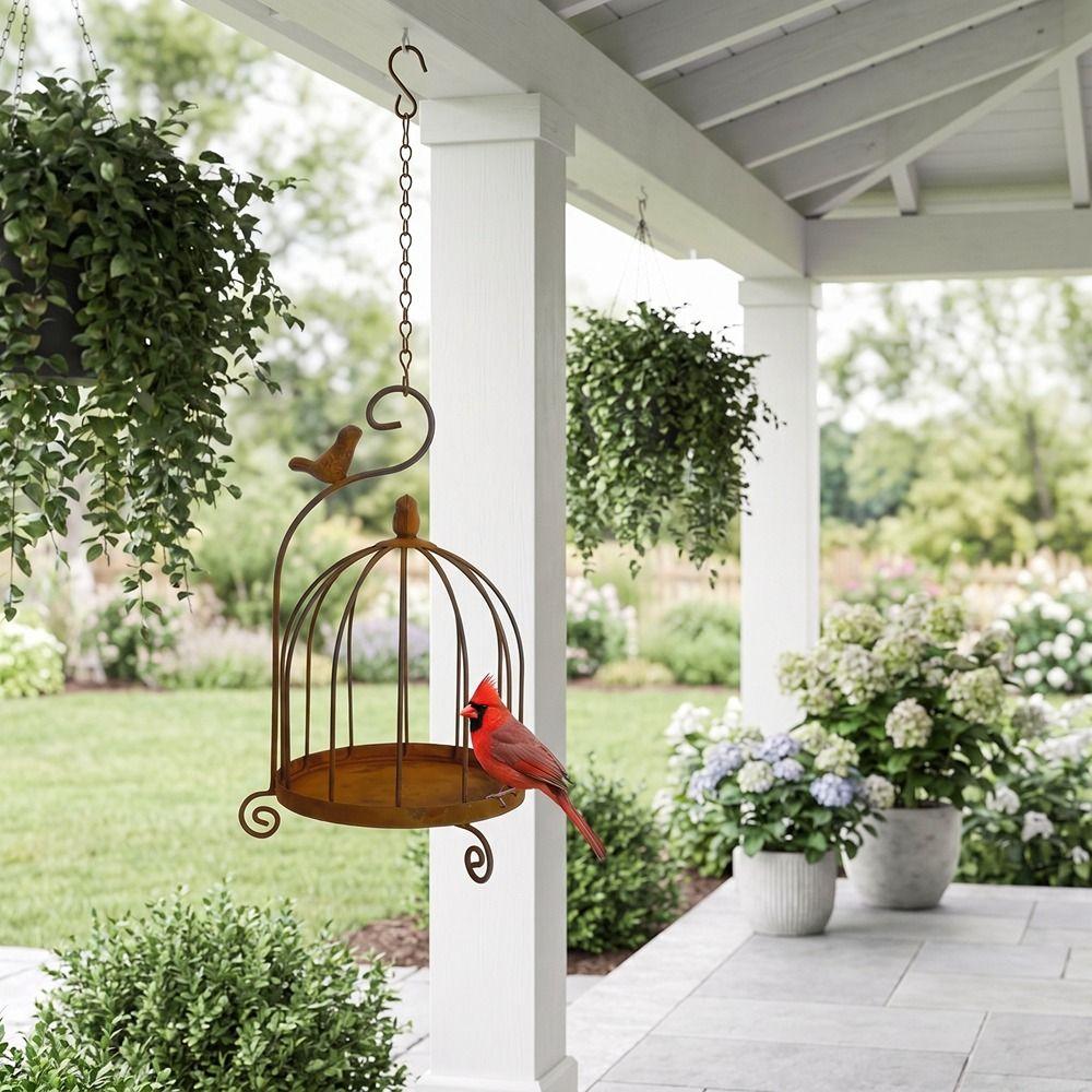 Bird Cage Shape Hanging Bird Feeder Metal Bird Food Container Retro Style Bird Rest Station Garden