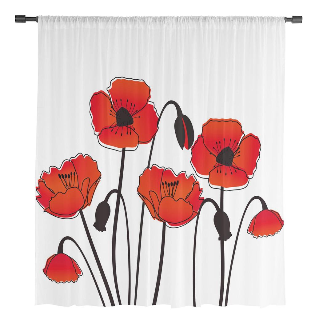 Red Poppy Flower Plant White Chiffon Sheer Curtains for Living Room Bedroom Home Decoration Window Voiles Tulle Drapes Curtain