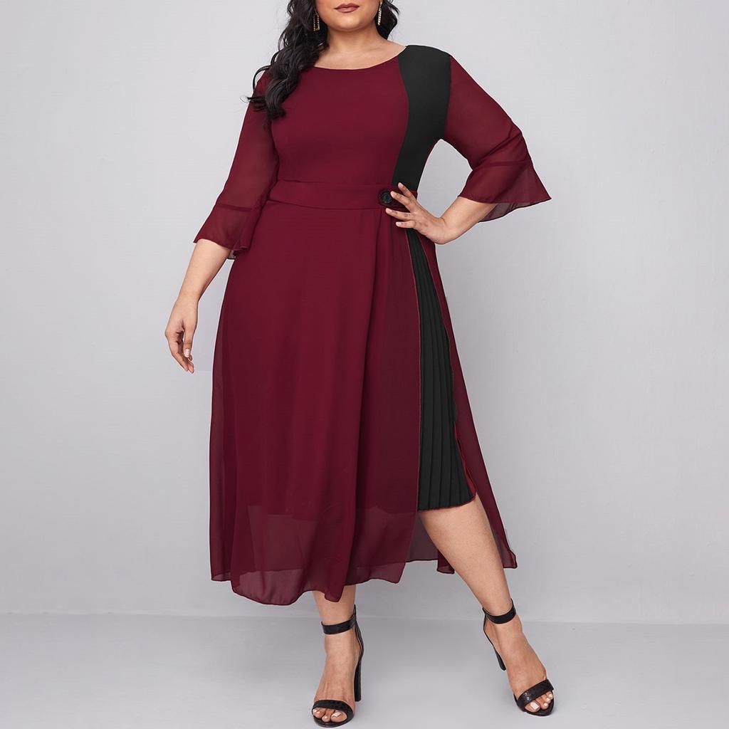 Women's Fashion Plus Size Skirt Chiffon Stitching Collision Color Waist Dress