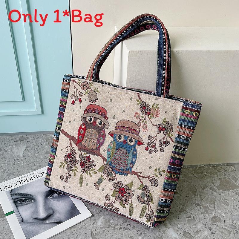 Canvas Embroidered Owl Tote Bag With Zipper Closure For Daily Use