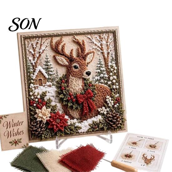Handmade Poke Art Kit 3D Christmas Fabric Kit, DIY Punch Needle Embroidery Set, Festival Holiday No-Sew Crafts Projects for Adults and Beginner