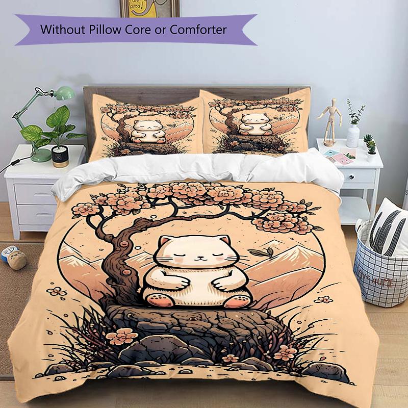 3pcs Japanese Lucky Cat Design Quilt Cover Set (1 Quilt Cover + 2 Pillowcases Without Pillow Core), High-Definition Printing for Home and Dormito