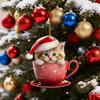Christmas Pendant 2D Acrylic Cat Sitting Mug Charm Hanging Decor with Lanyard Holiday Party Decoration