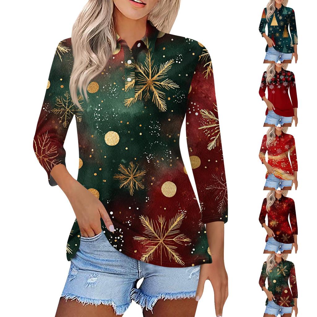 Women's Fashion Casual Lapel Short 3/4 Sleeve Christmas Print Shirt Women's Button Up Tops