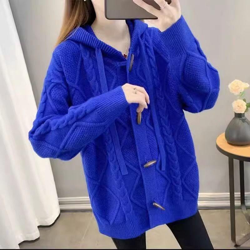 Женский свитер-кардиган с капюшоном. Модный и популярный свободный вязаный кардиган для осени и зимы.