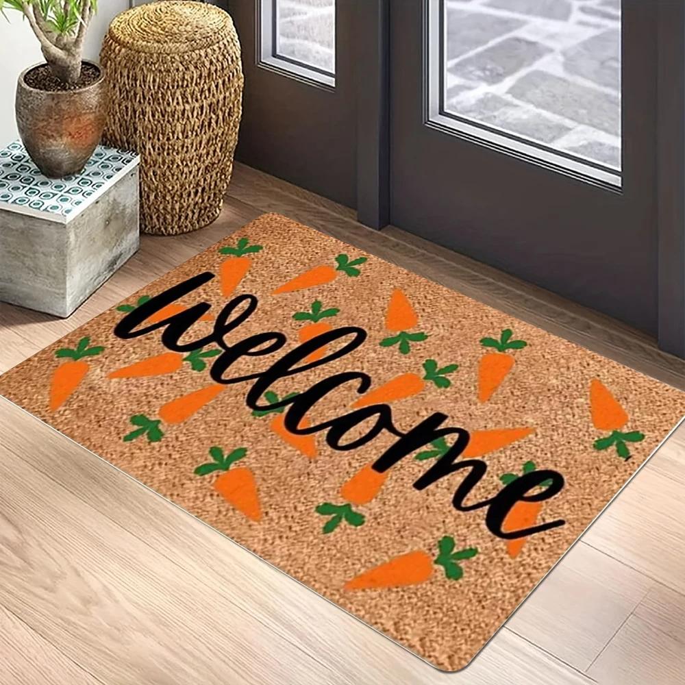 VIKAMA Welcome Carrot Pattern Carpet Mat Rug - Colorful Rabbit Silhouettes Paw Prints Easter Home Decoration Welcome Mat