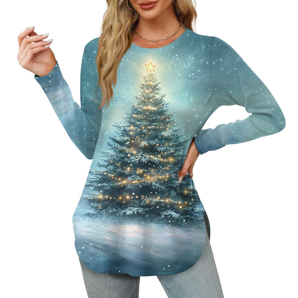 Женские рубашки с длинным рукавом и круглым вырезом, боковые разрезы, свободные повседневные рубашки с рождественским принтом