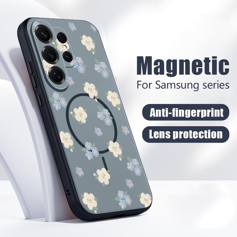 Чехол с узором из синих цветов для Samsung Galaxy S26 Ultra S25 Edge S24 Plus S23 FE S22 A54 A55 A56 5G Магнитный для Magsafe Чехол