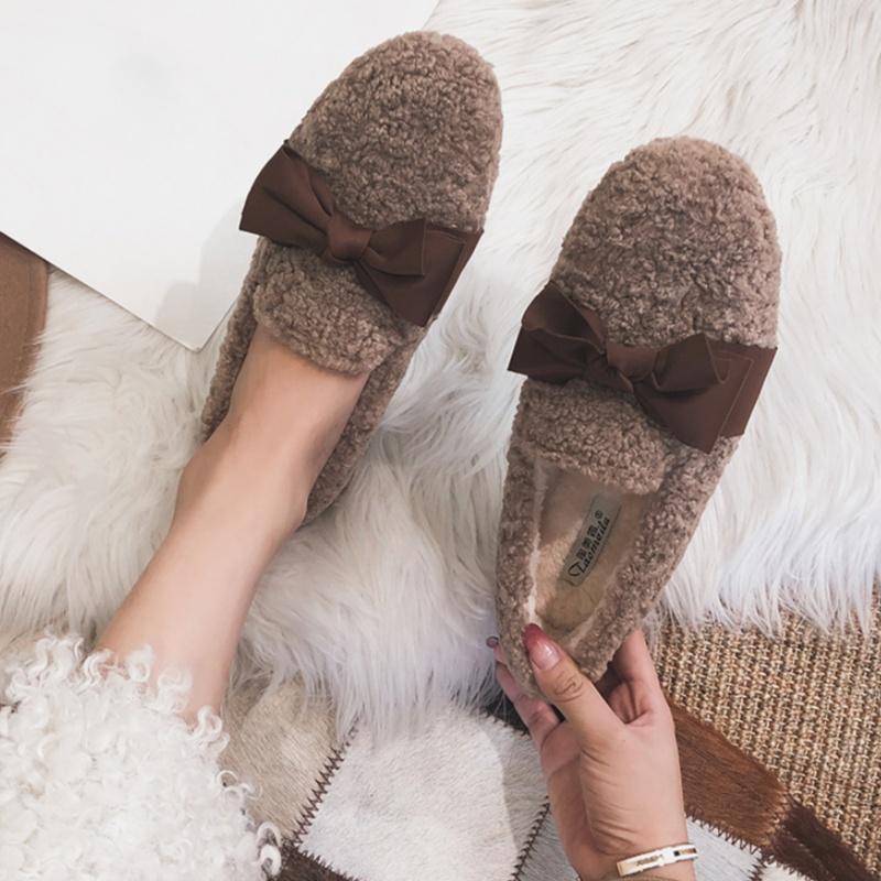 Модная женская обувь в корейском стиле с мелким вырезом, 2025, зимняя, меховая, удобные лоферы, повседневная, мягкая, теплая, на плоской подошве, с бантом, слипоны, женская обувь