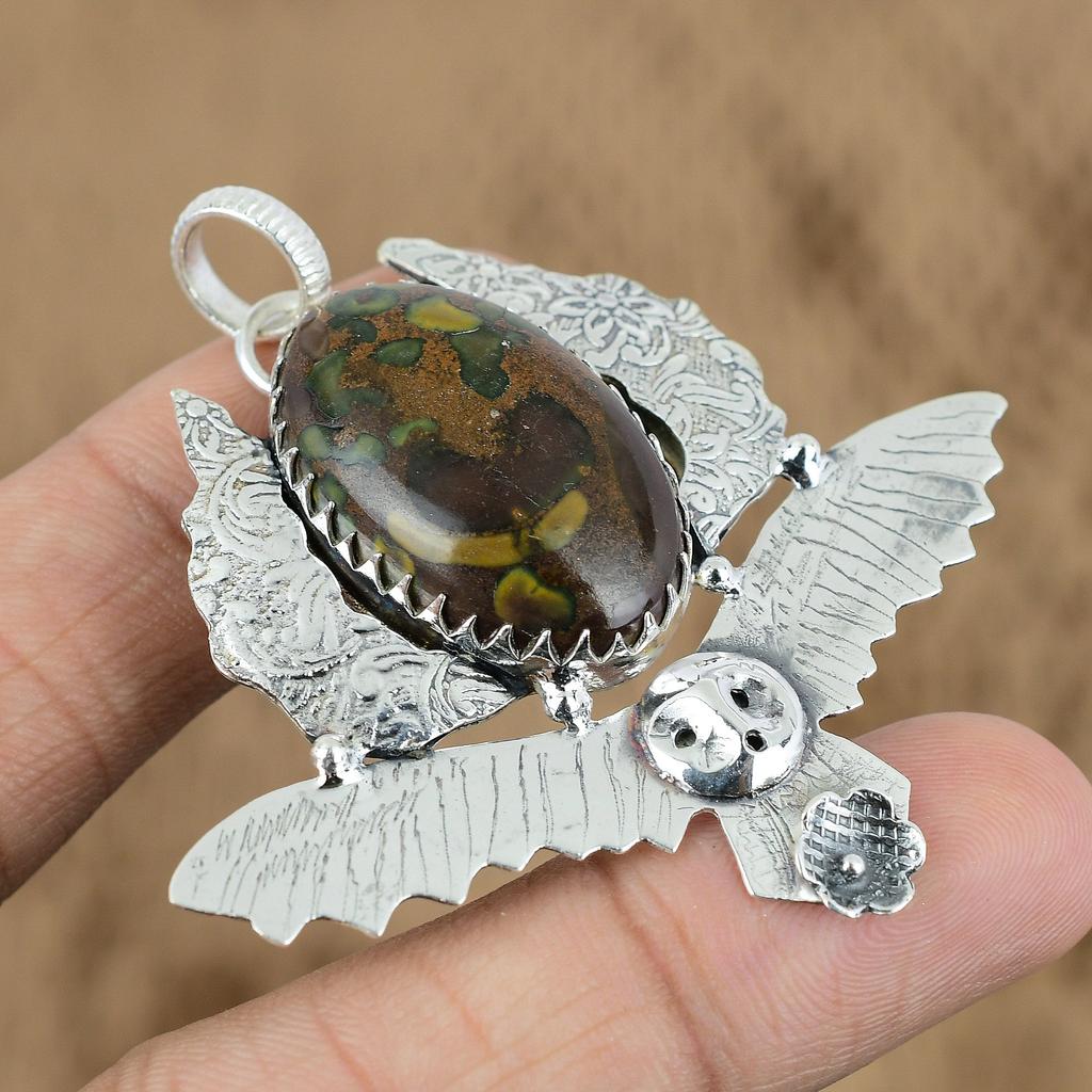 Natural Rhyolite Gemstone Pendant Owl 925 Sterling Silver Indian Jewelry
