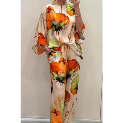 Женский весенне-летний свободный комплект с принтом, удобная свободная футболка с круглым вырезом + брюки, комплект из 2 предметов