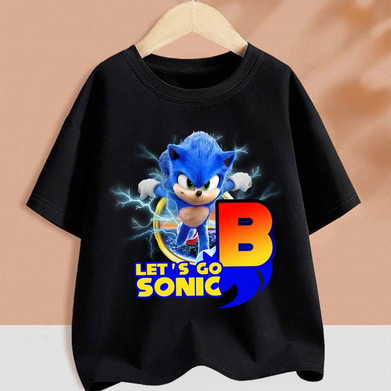 Sonics T-shirt for Children Cartoon A-Z Letter Tee Top Round Collar Clothing Summer Short Sleeve Kids Anime Partern Clothes Gift