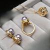 Elegant light-luxury banquet pearl jewelry for women, purple pearl three-piece set: necklace, earrings, and ring,Retro Palace Style