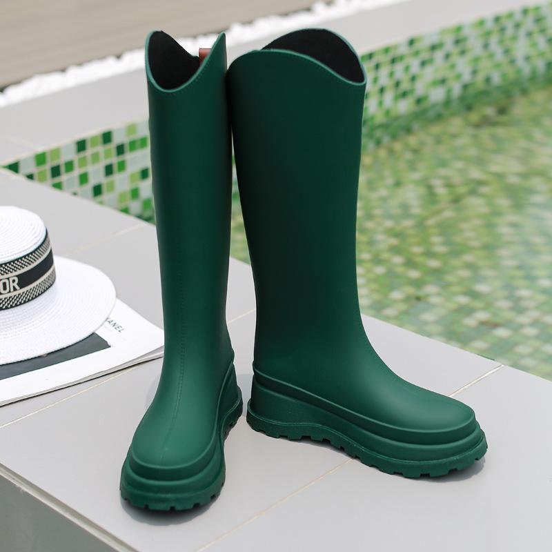 Новые 38 см длинные высокие резиновые сапоги для женщин из ПВХ, нескользящие модные резиновые сапоги, удобные водонепроницаемые ботинки с толстой подошвой