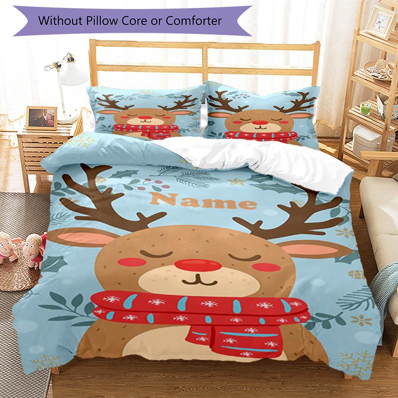 3pcs Custom Name Christmas reindeer Bedding Set Duvet Cover Closure Includes 1 Duvet Cover & 2 Pillowcases, Soft and Comfortable for All Seasons.