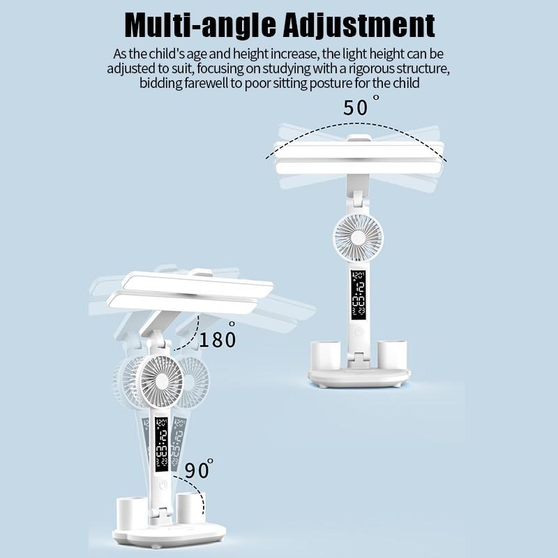 3 в 1 лампа для чтения с защитой глаз, мини-вентилятор, ящик для хранения канцелярских принадлежностей, дисплей температуры/времени/даты, без мерцания, настольный светильник для учебы
