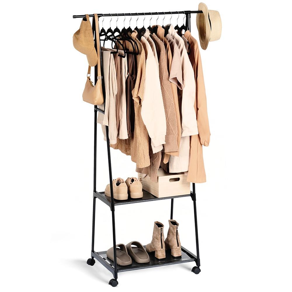 Black metal standing clothes rack on wheels 88x44x160 cm