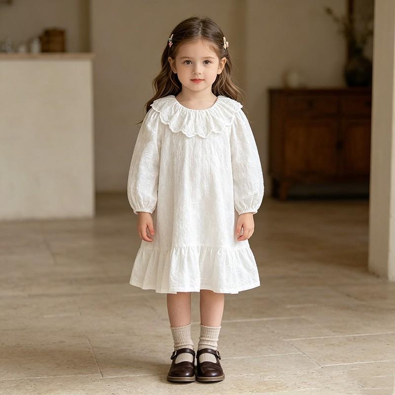 Girls Long Sleeve Dress Cotton A-Line Skirt Embroidered Turn-Down Collar Toddler Princess