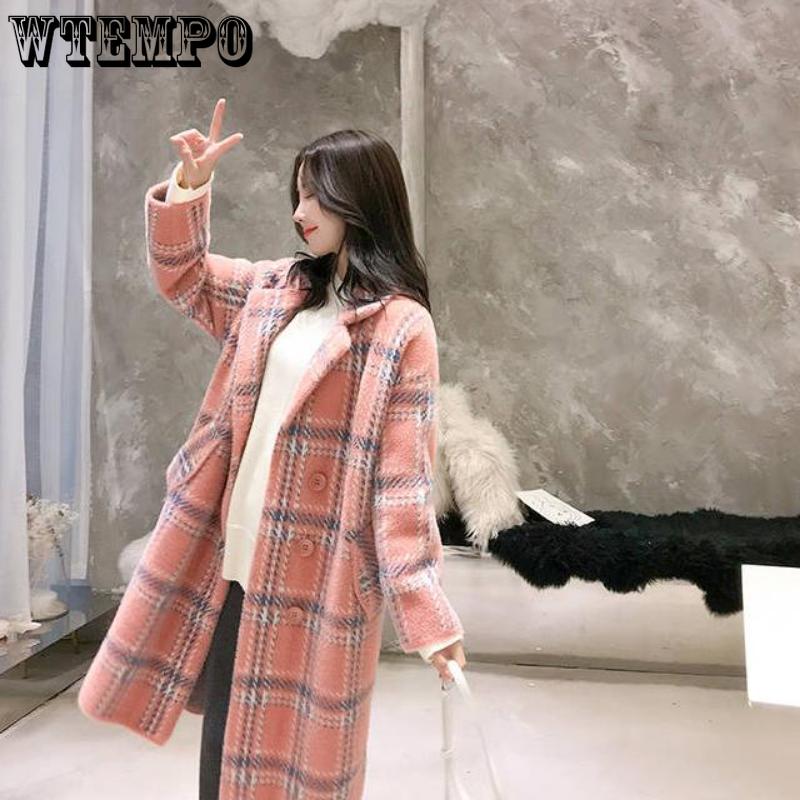 Женские пальто и куртки Модные женские клетчатые двубортные шерстяные пальто Женские пальто