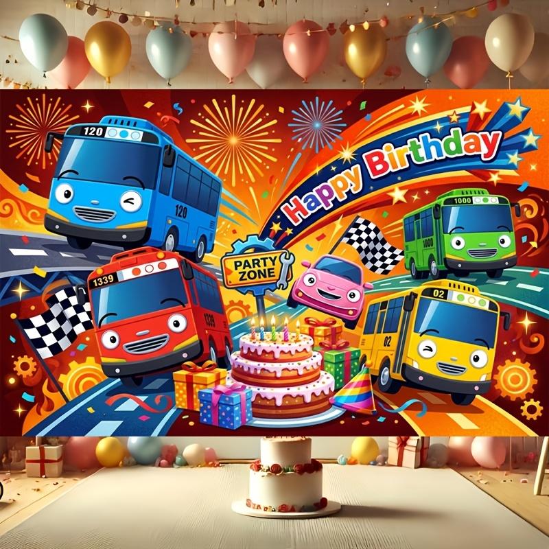 Vibrant Cartoon-Style Racing Bus Fleet with Festive Fireworks, Layered Birthday Cake, Gift Boxes and Happy Birthday Banner, Perfect for