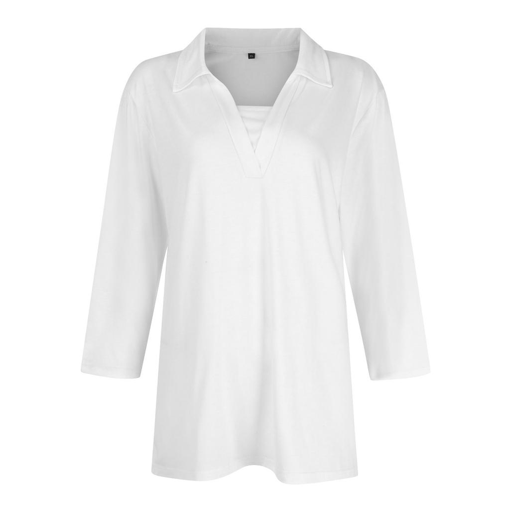 Женская модная повседневная свободная однотонная футболка с рукавом 3/4 с лацканами, женский топ