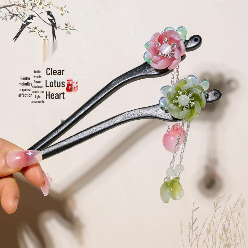 Elegant Wooden Chinese Tassel Hairpin for Hanfu | Women's Ancient Costume Hair Bun Accessory & Styling Ornament Gift.