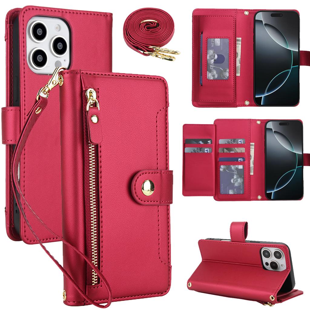 Кожаный кошелек на молнии с откидной крышкой для iPhone 17 Pro Max 16 15 14 13 12 11 16E 16Plus Роскошный чехол-книжка с RFID-защитой и ремешком