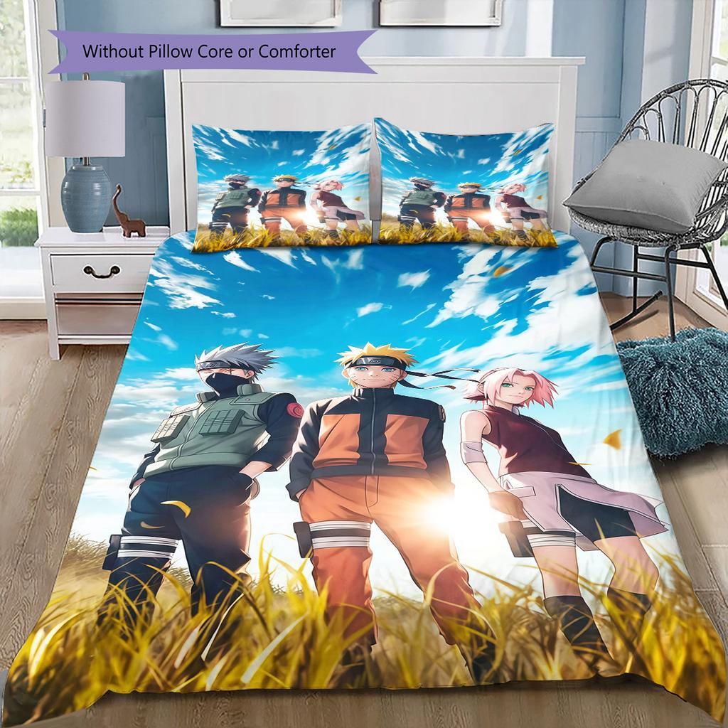 Naruto Team Celebration Pattern Bedding Quilt Set Quilt Cover Pillowcase Home Birthday Gift(1 * duvet cover + 2 * pillowcase, without core)