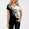 Women's V-Neck Short Sleeve Sunflower Grey White Begonia Flower Printed Tops Loose T-Shirt Casual Blouse