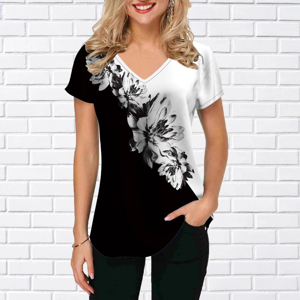 Women's V-Neck Short Sleeve Sunflower Grey White Begonia Flower Printed Tops Loose T-Shirt Casual Blouse