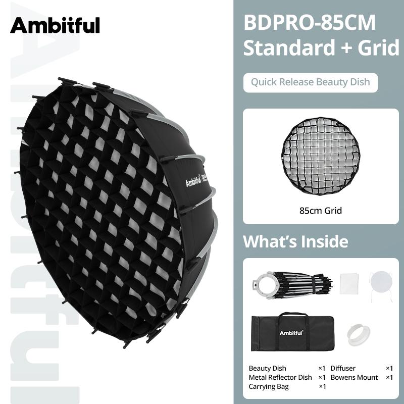 Ambitful 65/85cm Studio Silver Wide Angle Beauty Dish Honeycomb Grid Bowens Mount for Godox SK400II QT600II SL200II VL300