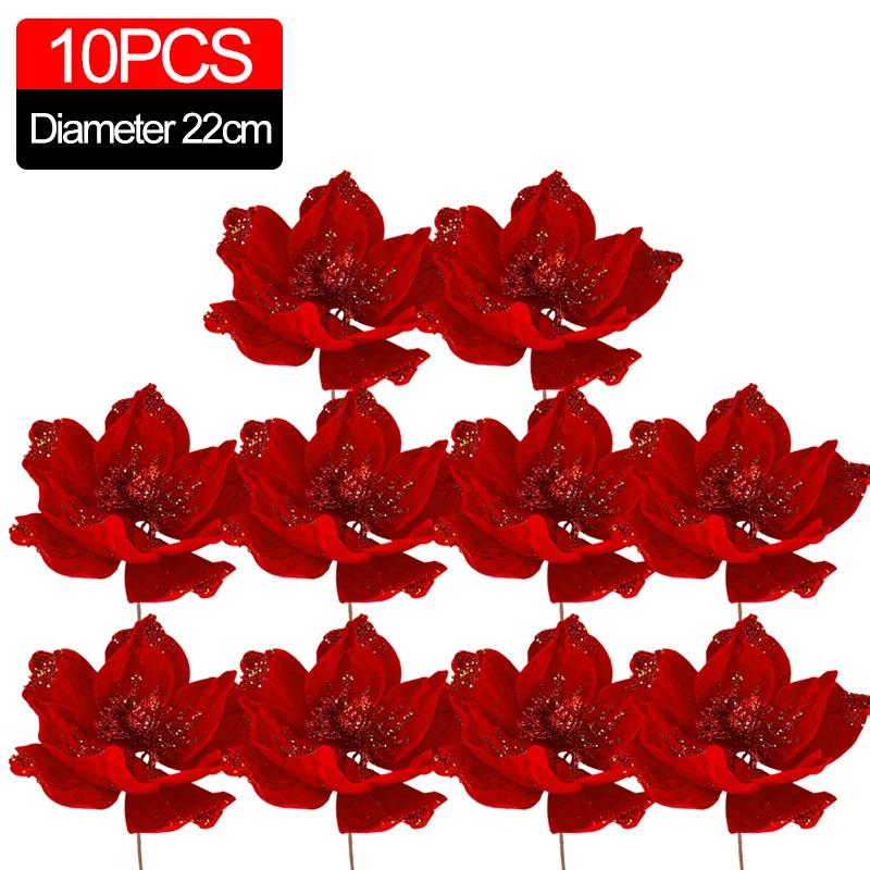 1/10pc Glitter Artificial Flowers Christmas Red Poinsettia Xmas Tree Ornament Simulated Magnolia Wedding Party Decor Fake Flower