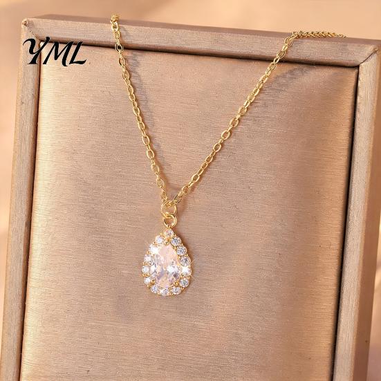 Cubic Zirconia Rhinestone Jewelry Water Drop Necklace for Women, Adjustable Extension Chain Pendant, Sparkling Statement Cocktail Party Pendant
