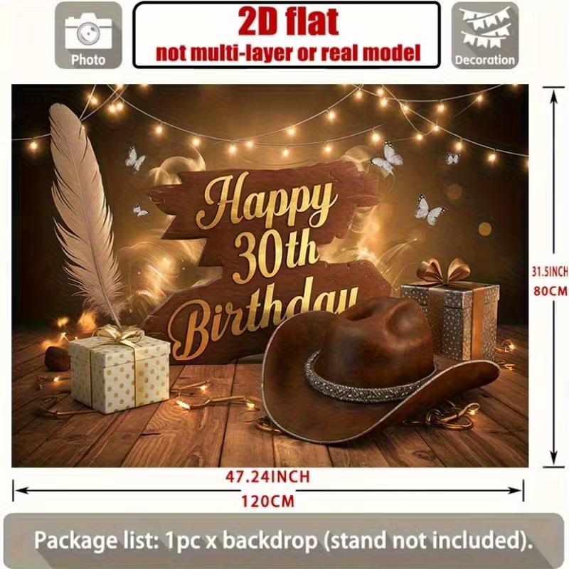 2D "Happy 30th Birthday" Backdrop Fairy Light & Cowboy Hat Background Cloth Party Decoration