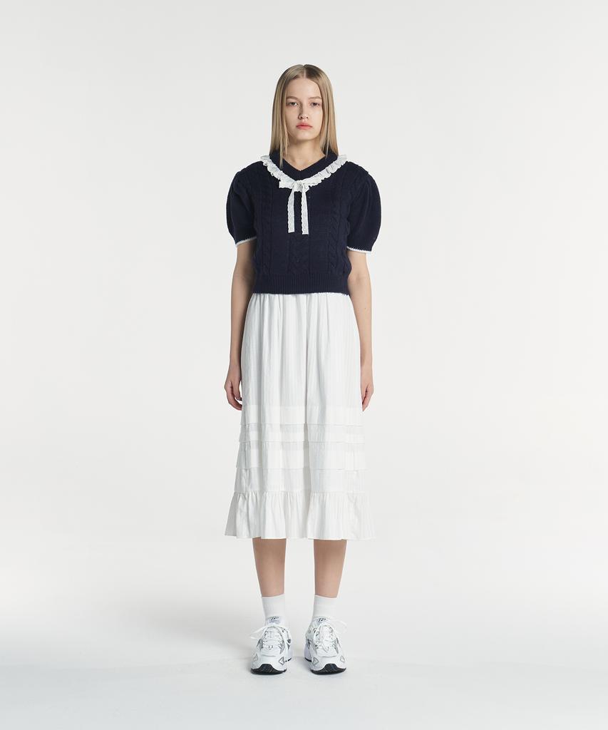 MARGARIN FINGERS V Neck Frill Crop Knit (Navy)