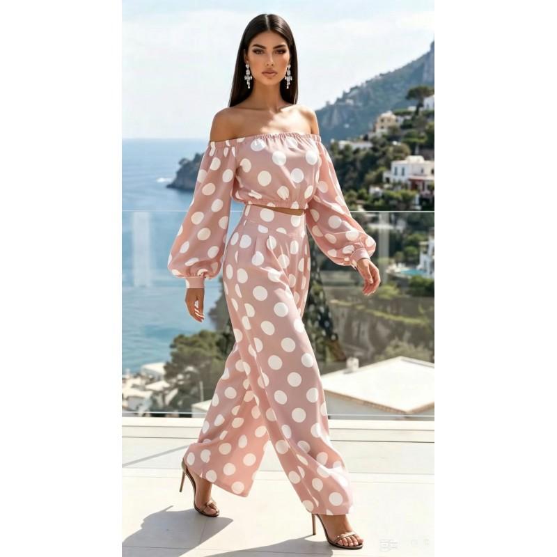 2026 Womens Polka Dot Off Shoulder Long Sleeve Top Wide Leg Pants Set Streetwear