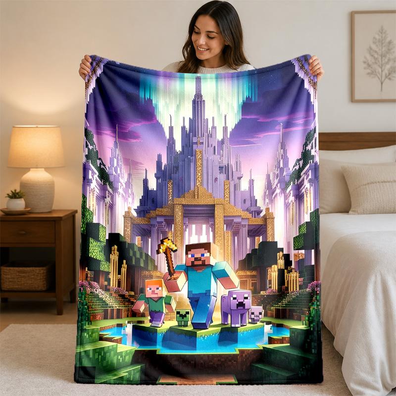 Minecraft Print Flannel Blanket Cozy Warm Plush Throw Blanket For Bed Sofa Couch Indoor Household Use
